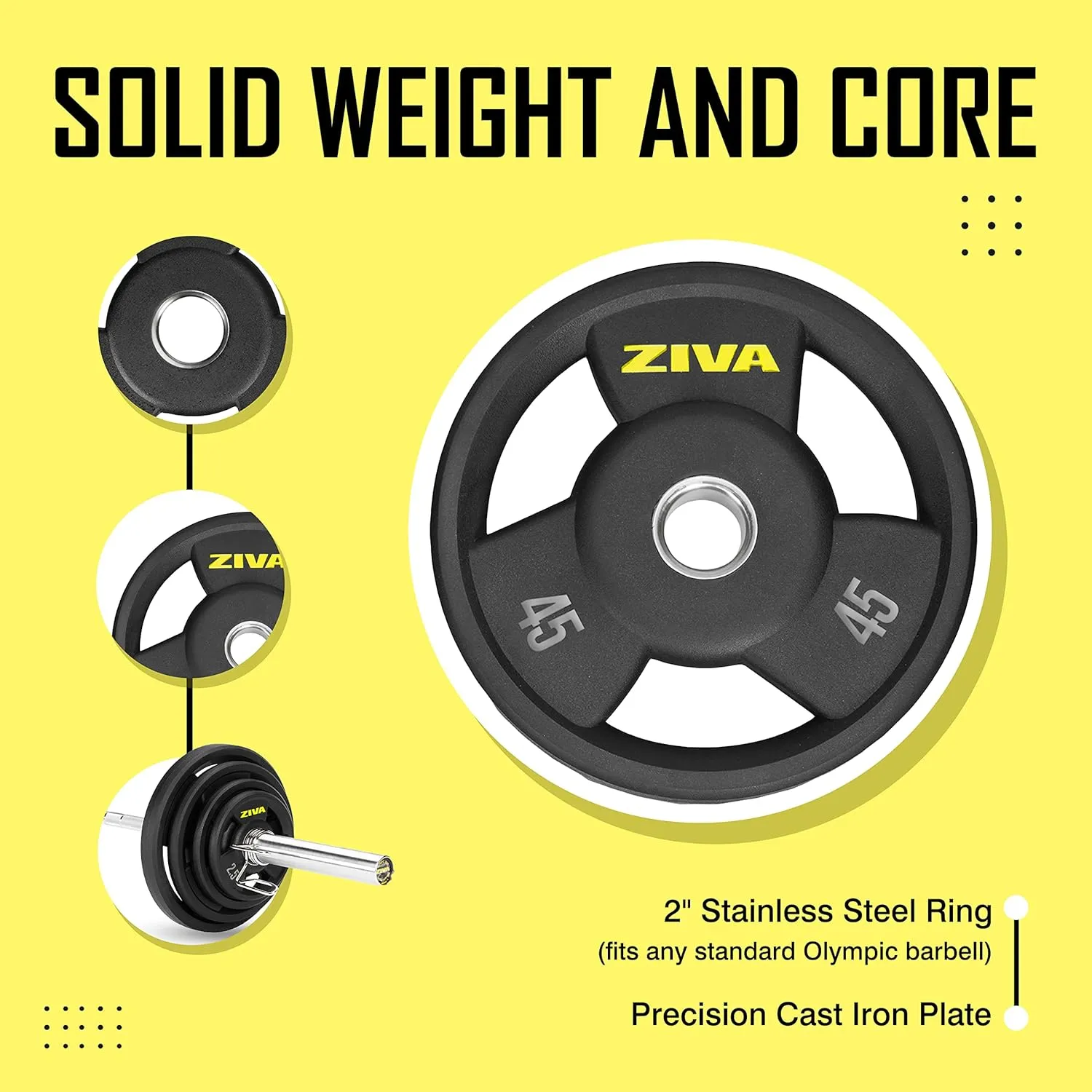 ZIVA Olympic Weight Plate – Premium Urethane-Coated Grip Disc with 2" Stainless Steel Insert and 3-Position Handle – Sold Individually (2.5–45 lb) Does not fit Standard Studio Barbell