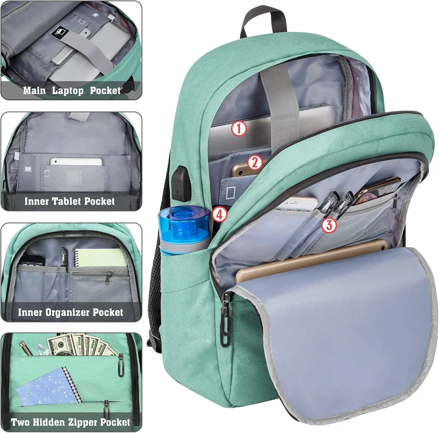 ZOMAKE Travel Laptop Backpack Water Resistant Anti-Theft Bag with USB Charging Port and Lock 14/15.6Inch Computer Business Backpacks Gift for Men Women(15.6 IN,A-Agate Green)