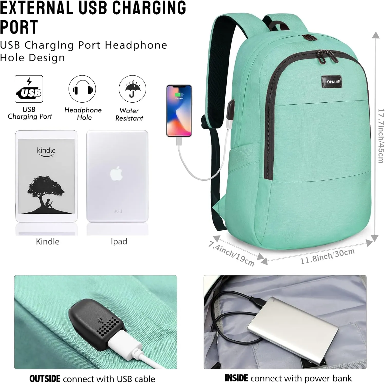 ZOMAKE Travel Laptop Backpack Water Resistant Anti-Theft Bag with USB Charging Port and Lock 14/15.6Inch Computer Business Backpacks Gift for Men Women(15.6 IN,A-Agate Green)