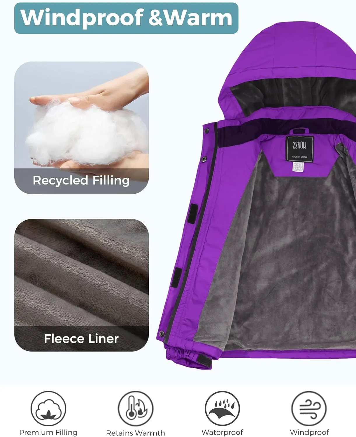 ZSHOW Girls' Ski Jacket Waterproof Fleece Raincoat Windproof Warm Winter Coat with Detachable Hood