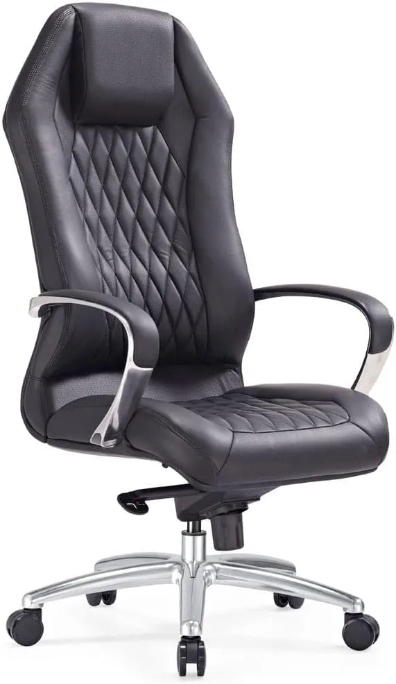 ZURI Furniture Modern Ergonomic Sterling Genuine Leather Executive Chair with Aluminum Base- Black