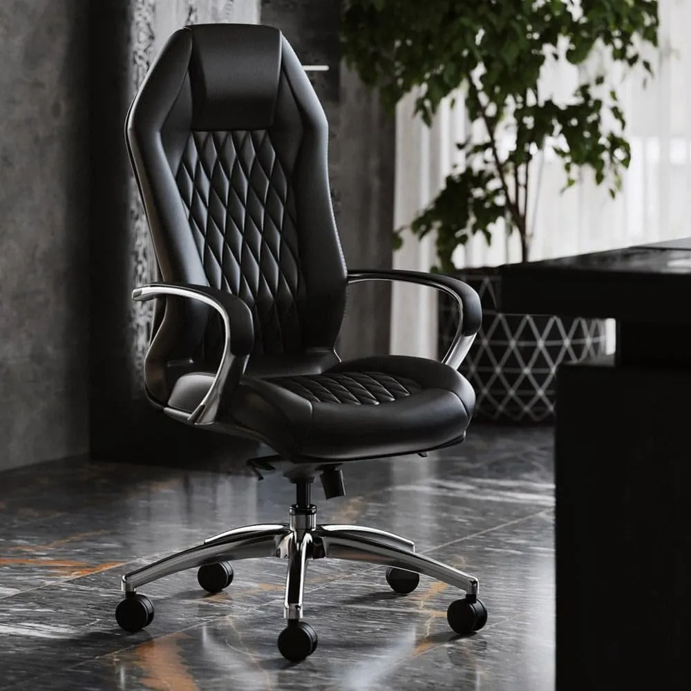 ZURI Furniture Modern Ergonomic Sterling Genuine Leather Executive Chair with Aluminum Base- Black
